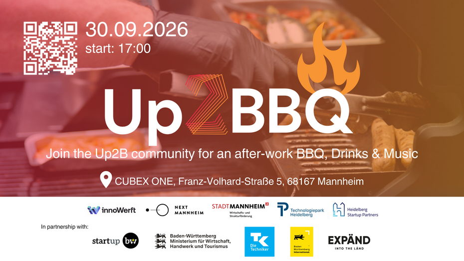 Werbeplakat für ein After-Work-BBQ „Up2BBQ“ am 30.09.2026 ab 17:00 Uhr in Mannheim mit Musik, Drinks und Community-Event.