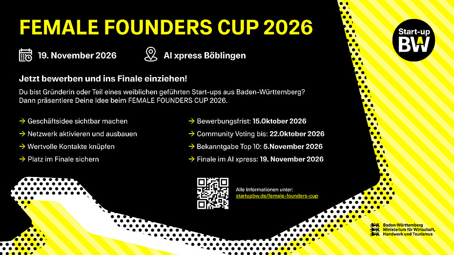 Werbeplakat für den Female Founders Cup 2026 in Baden-Württemberg mit Termin, Ort in Böblingen und Hinweisen zu Bewerbung, Community Voting und Finale für weiblich geführte Start-ups.