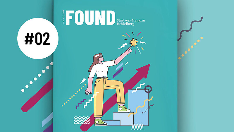 Titelbild eines Start-up-Magazins mit der Aufschrift „FOUND #02“ und einer Illustration einer Frau, die auf Treppen nach oben steigt und einen Stern berührt, als Symbol für Erfolg und Aufstieg.