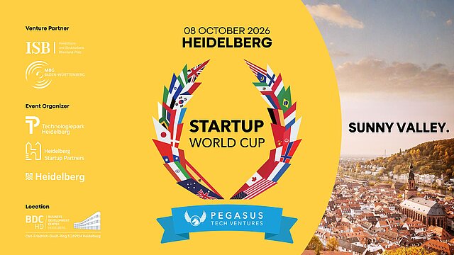 Werbeplakat für den Startup World Cup am 08. Oktober 2026 in Heidelberg mit buntem Lorbeerkranz, Pegasus Tech Ventures und dem Slogan „Sunny Valley“.
