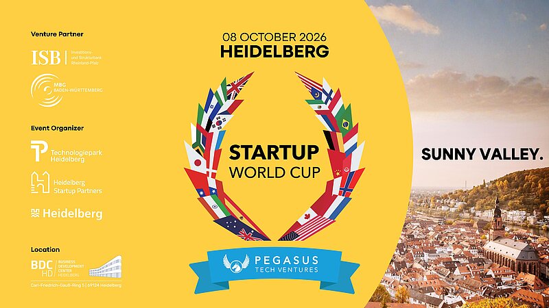 Werbeplakat für den Startup World Cup am 08. Oktober 2026 in Heidelberg mit buntem Lorbeerkranz, Pegasus Tech Ventures und dem Slogan „Sunny Valley“.