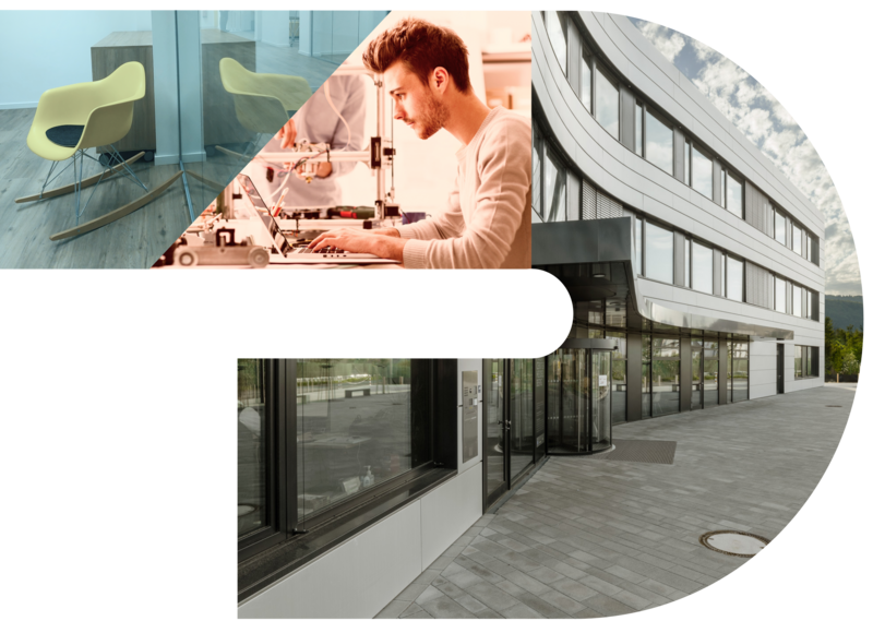 Collage aus moderner Architektur, einem Büro mit Stuhl und einem Mann, der an einem Laptop arbeitet.