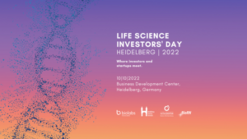 Grafik zum „Life Science Investors’ Day Heidelberg 2022“ mit stilisiertem Porträt links und Veranstaltungsdaten rechts auf violett-orangefarbenem Hintergrund.