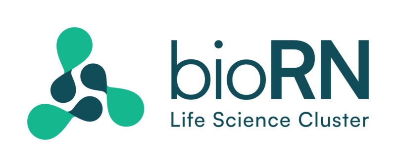 Logo des bioRN Life Science Cluster mit stilisiertem, türkisfarbenem Symbol aus verbundenen Formen und dem Schriftzug bioRN Life Science Cluster.