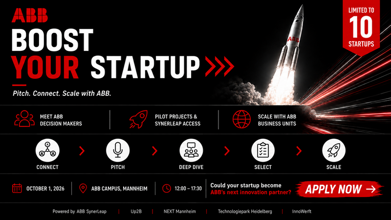 Werbebanner von ABB für ein Startup-Programm mit der Aufschrift „Boost Your Startup“, einer startenden Rakete und Hinweisen zu Connect, Pitch, Deep Dive, Select und Scale; Bewerbung bis 1. Oktober 2026.