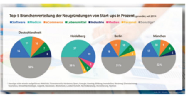 Infografik mit vier Kreisdiagrammen zur Top-3-Branchenverteilung von Neugründungen durch Start-ups in Deutschland, Heidelberg, Berlin und München. In allen Städten dominiert der graue Anteil, besonders in Berlin und München.