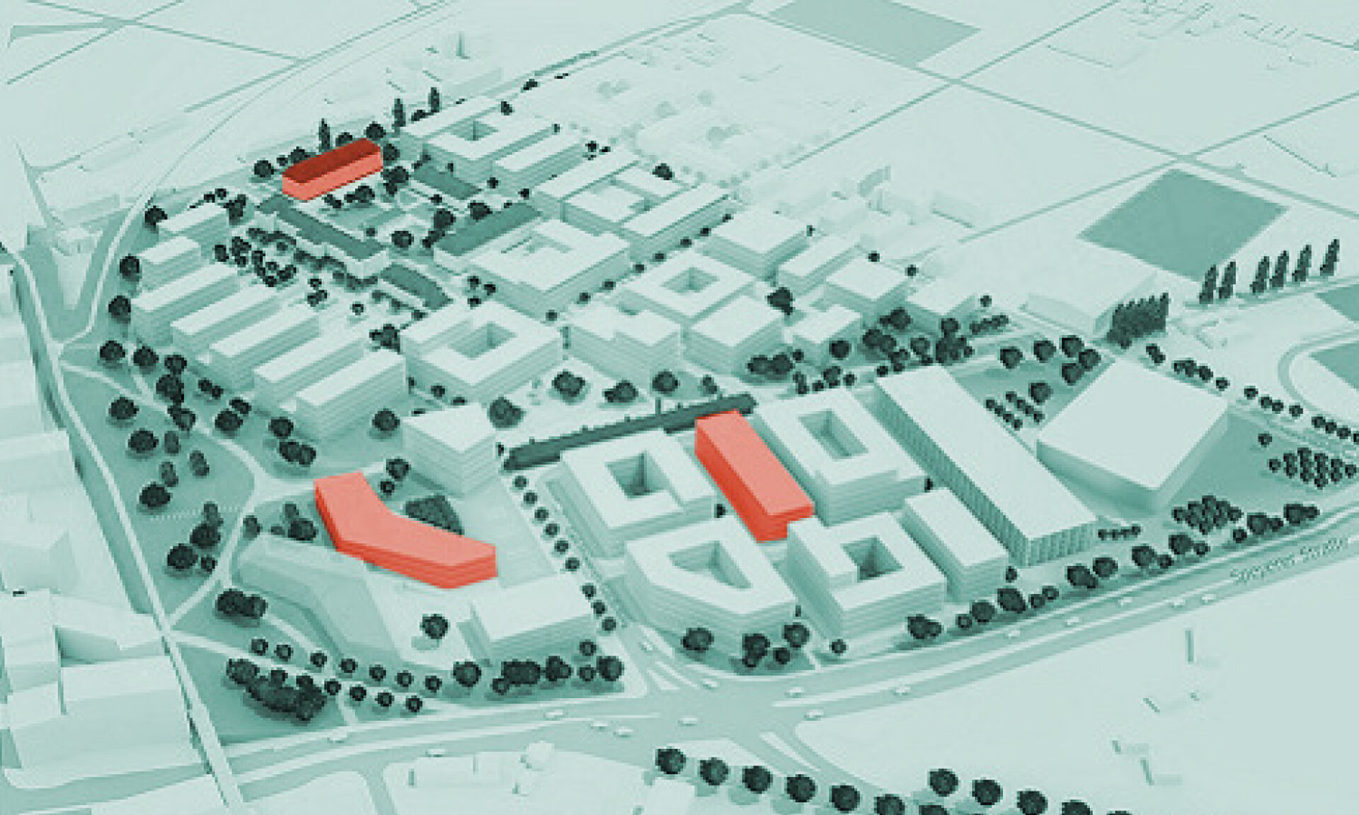 3D-Modell eines großen Gebäudekomplexes mit mehreren markierten roten Gebäudeteilen, umgeben von Straßen, Bäumen und weiteren Baukörpern.