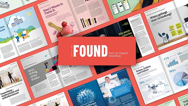 Found 1 Start-up-Magazin Heidelberg Collage aus aufgeschlagenen Magazinseiten mit dem Titel „FOUND – Start-up-Magazin Heidelberg“ in der Mitte, umgeben von bunten Artikelseiten, Grafiken und Fotos zu Gründung, Innovation und Nachhaltigkeit.