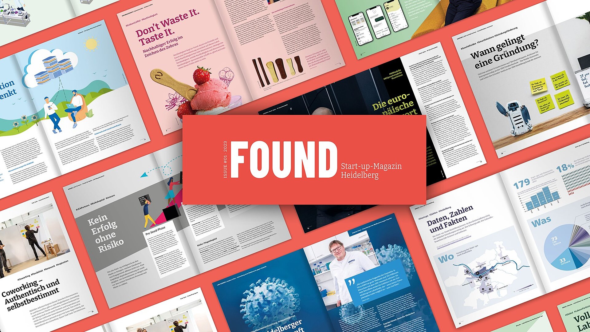 Found 1 Start-up-Magazin Heidelberg Collage aus aufgeschlagenen Magazinseiten mit dem Titel „FOUND – Start-up-Magazin Heidelberg“ in der Mitte, umgeben von bunten Artikelseiten, Grafiken und Fotos zu Gründung, Innovation und Nachhaltigkeit.
