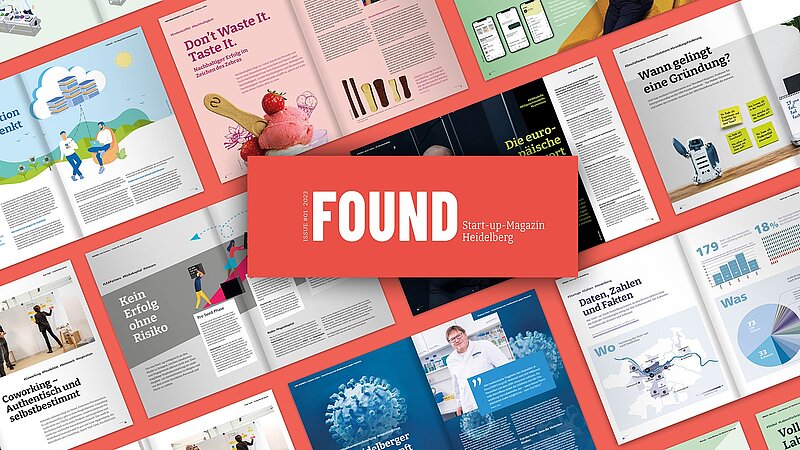 Collage aus aufgeschlagenen Magazinseiten mit dem Titel „FOUND – Start-up-Magazin Heidelberg“ in der Mitte, umgeben von bunten Artikelseiten, Grafiken und Fotos zu Gründung, Innovation und Nachhaltigkeit.