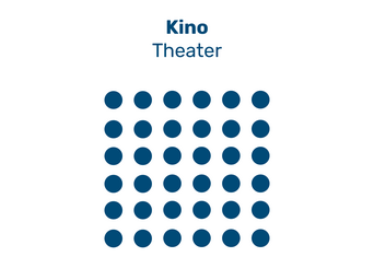 Symbol für ein Kino oder Theater mit der Beschriftung „Kino Theater“ über einem Raster aus blauen Punkten.