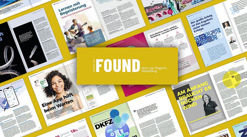 Titelbild eines aufgeschlagenen Magazins mit der Aufschrift „FOUND – Start-up Magazin Heidelberg“, umgeben von mehreren Magazinseiten mit Artikeln, Fotos und Grafiken.