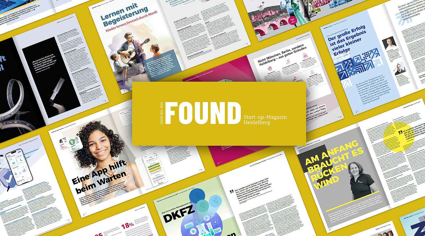 Titelbild eines aufgeschlagenen Magazins mit der Aufschrift „FOUND – Start-up Magazin Heidelberg“, umgeben von mehreren Magazinseiten mit Artikeln, Fotos und Grafiken.