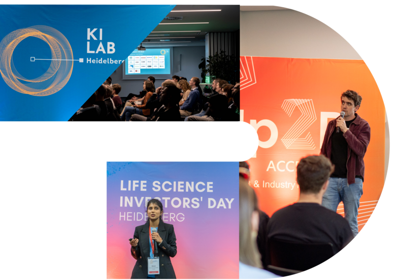 Collage von einer Konferenz im KI LAB Heidelberg mit Publikum, Vortragenden auf der Bühne und einer Präsentation zum Life Science Investors’ Day.