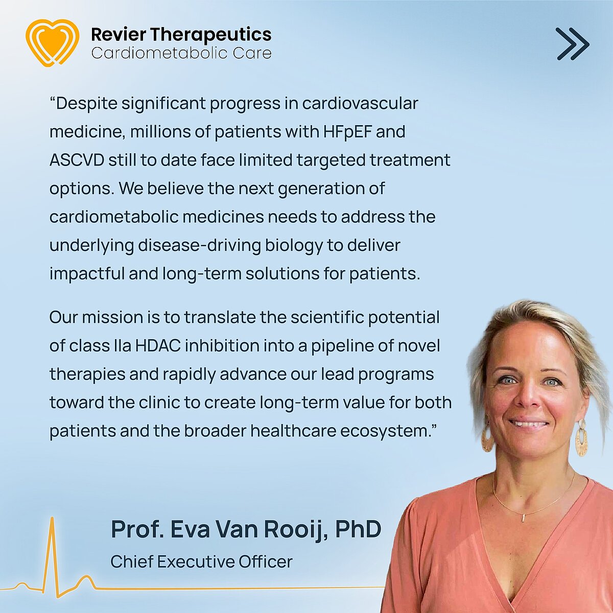 Werbebild von Revier Therapeutics Cardiometabolic Care mit einem Zitat über neue Therapien für Herz-Kreislauf-Erkrankungen; rechts ist das Porträt von Prof. Eva Van Rooij, PhD, CEO.