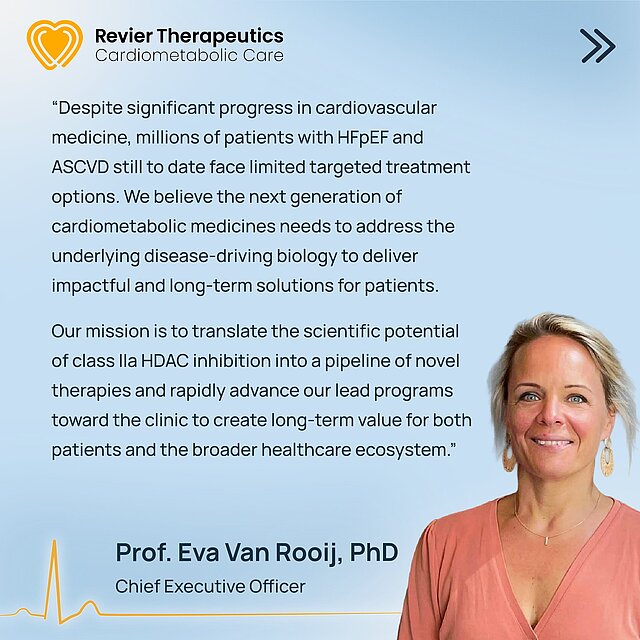 Werbebild von Revier Therapeutics Cardiometabolic Care mit einem Zitat über neue Therapien für Herz-Kreislauf-Erkrankungen; rechts ist das Porträt von Prof. Eva Van Rooij, PhD, CEO.