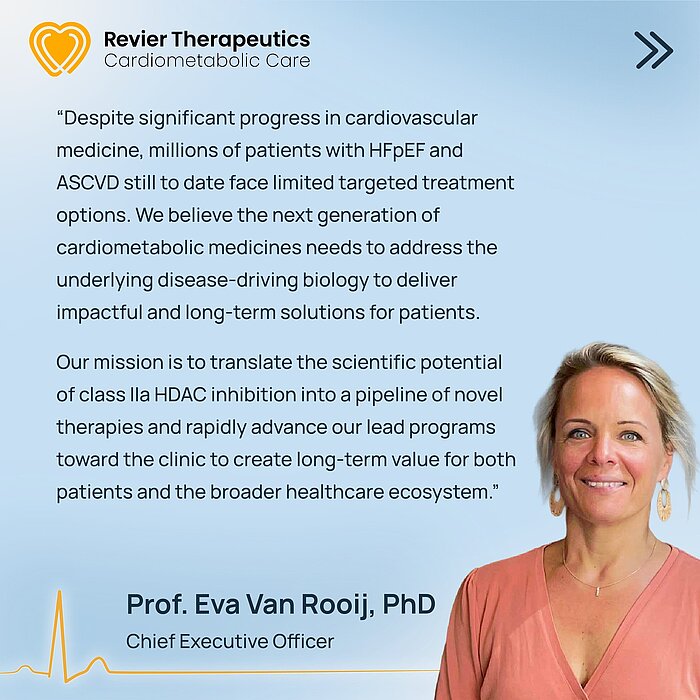 Werbebild von Revier Therapeutics Cardiometabolic Care mit einem Zitat über neue Therapien für Herz-Kreislauf-Erkrankungen; rechts ist das Porträt von Prof. Eva Van Rooij, PhD, CEO.