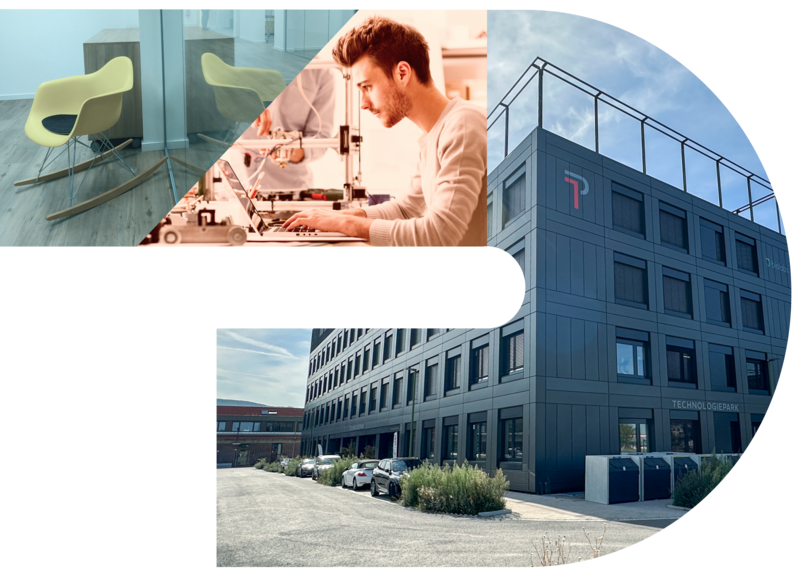 Collage aus modernen Büro- und Arbeitswelten: ein leerer Stuhl, ein Mann am Laptop im Labor und ein modernes Firmengebäude von außen.