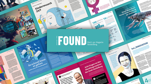 Found 2 Startup-Magazin Heidelberg Collage aus aufgeschlagenen Magazinseiten und Covern eines Start-up-Magazins Heidelberg mit dem Titel „FOUND Heidelberg“, mit bunten Illustrationen, Diagrammen und Artikeln zu Innovation, Forschung und Gründung.