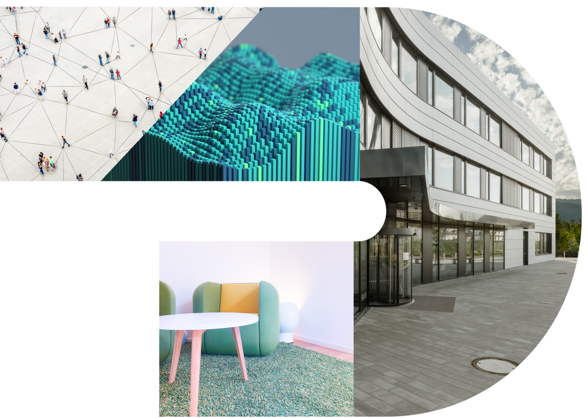 Collage aus moderner Architektur, abstrakten 3D-Wellen und einem hellen Innenraum mit Tisch und Sessel; vermittelt zeitgenössisches Design und urbane Räume.