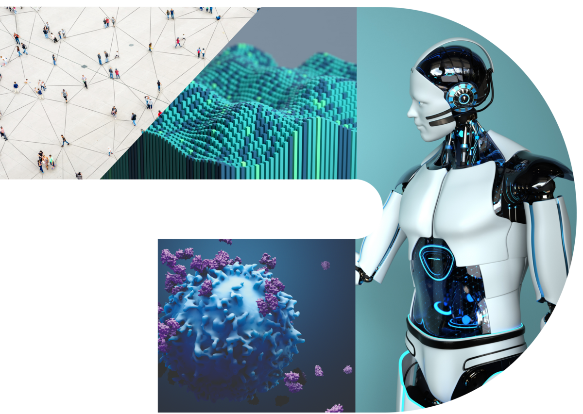 Collage mit einer humanoiden KI-Roboterfigur, abstrakten Datenlandschaften und einer 3D-Darstellung eines Virus, die Technologie, Vernetzung und Biologie symbolisiert.