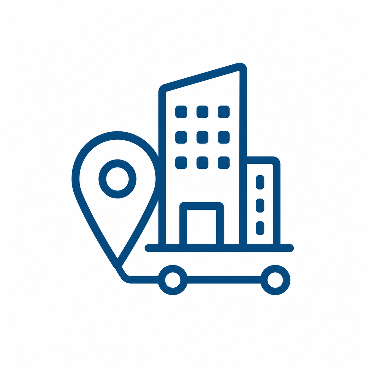 Symbol für einen Standort mit Gebäuden und einem Lieferwagen, der eine Zustellung oder einen Standortservice darstellt.